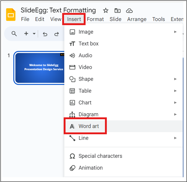 Inserting Word art option in Google Slides is highlighted.