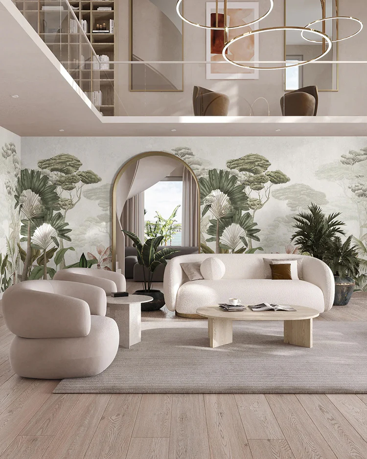 Tropical botanical wallpaper in 2 storey living room