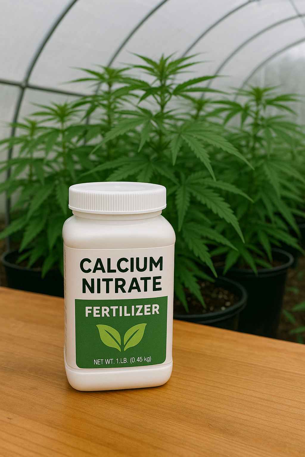 : Calcium nitrate fertilizer with cannabis plants in vegetative stage in the background