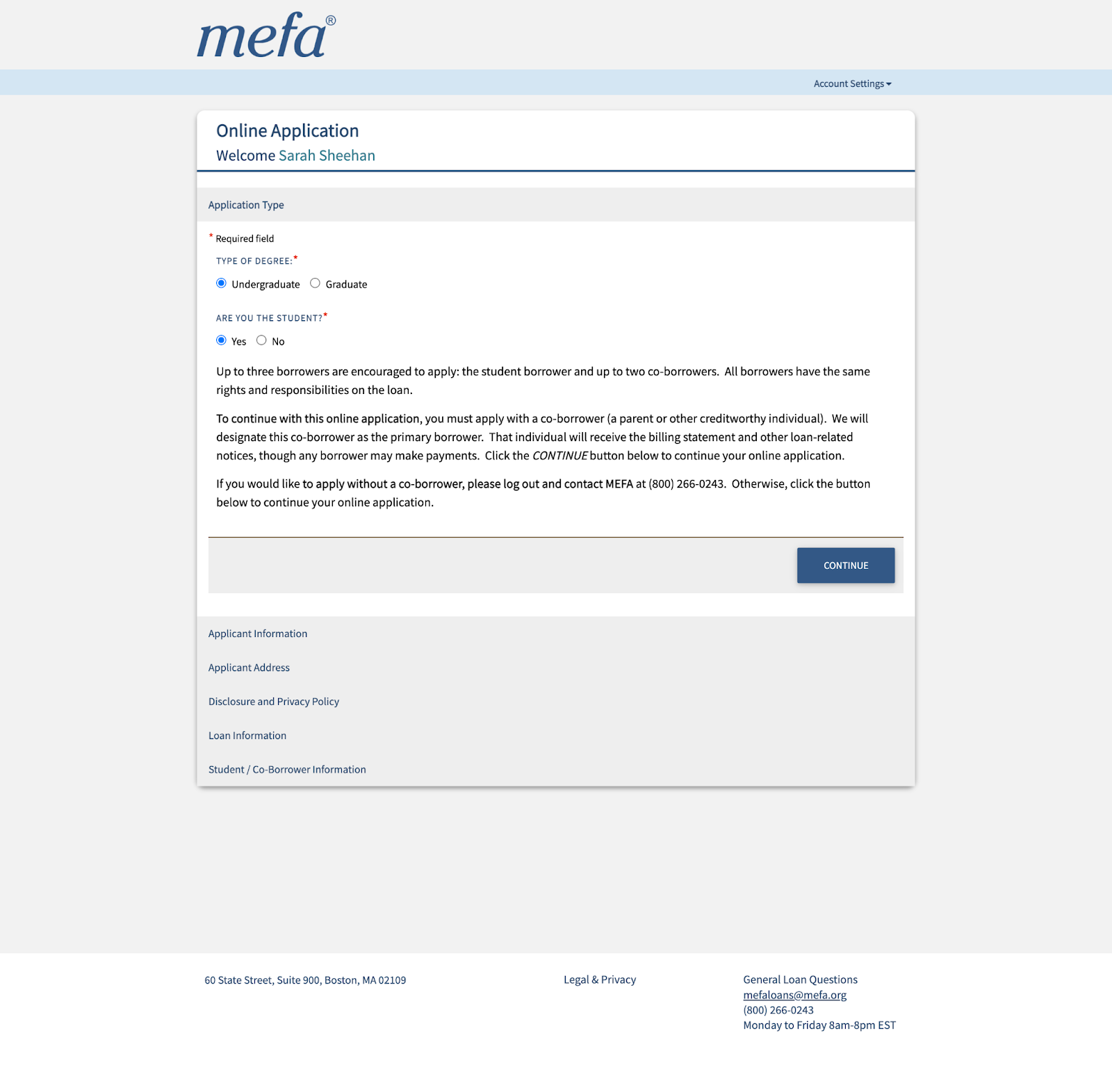 A screenshot showing MEFA's online application form.