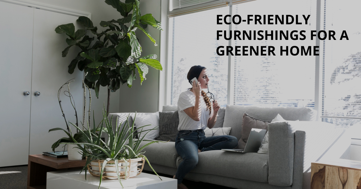 Woman on the phone in a modern living room with large green plants, promoting eco-friendly furnishings for a greener home.