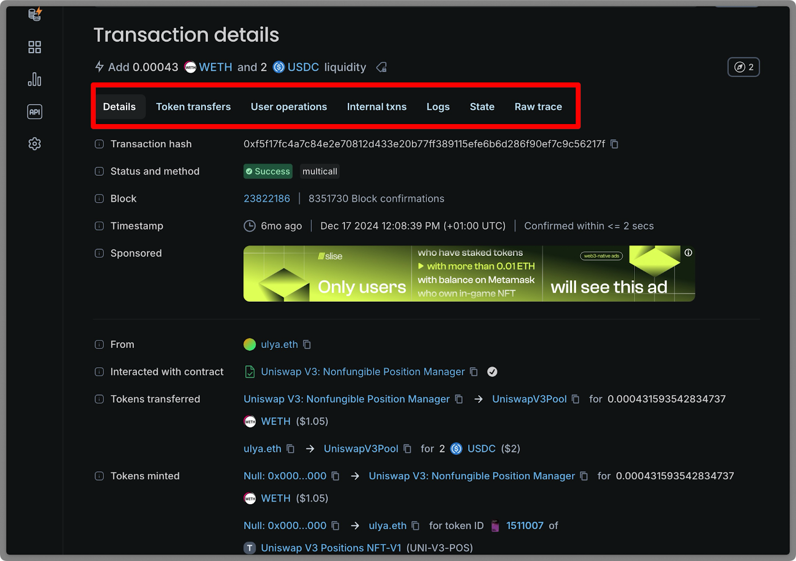 onchain transaction details multichain weth usdc user operations logs verify