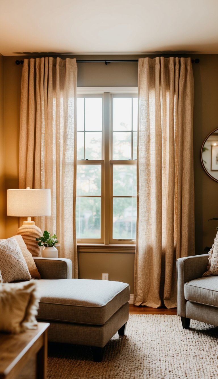 A cozy living room with textured beige curtains, warm lighting, and comfortable furniture