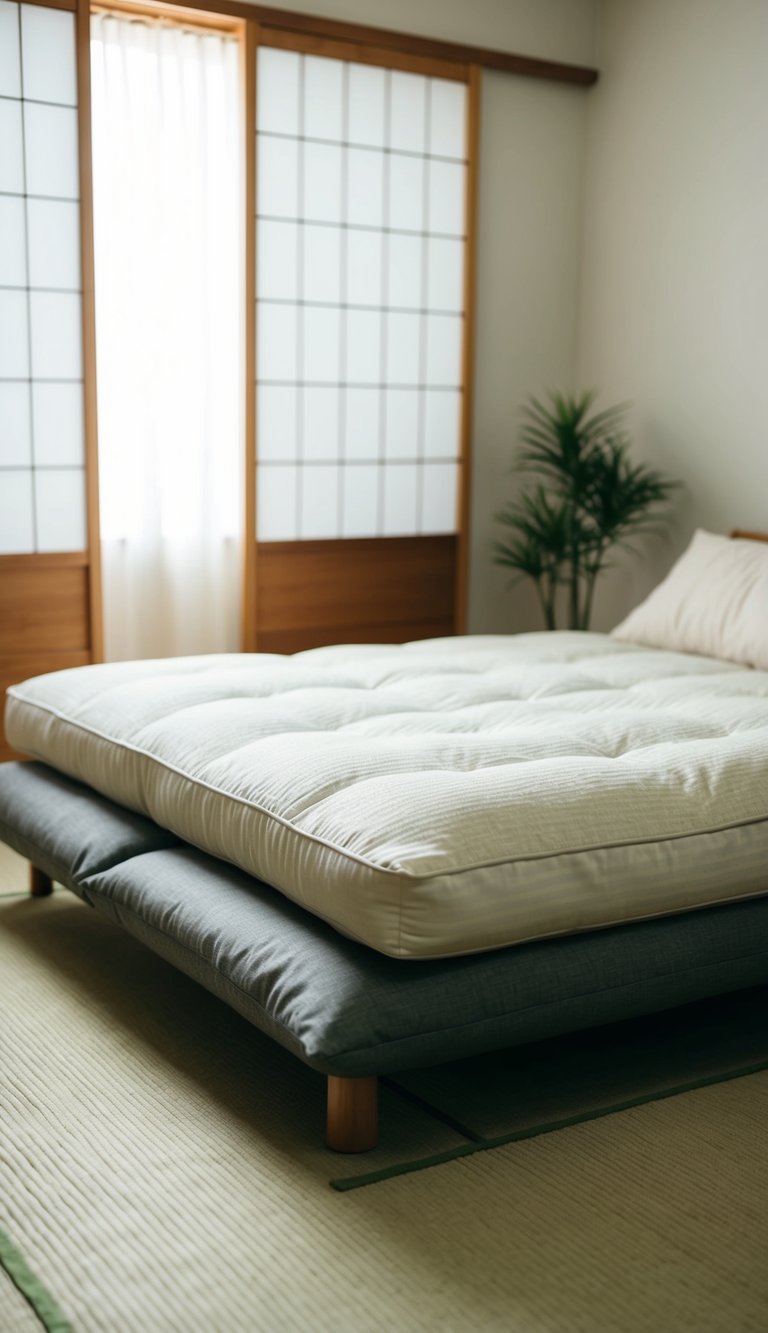 A Japanese futon placed on a tatami mat in a simple, uncluttered bedroom with minimalist decor and natural light filtering through shoji screens