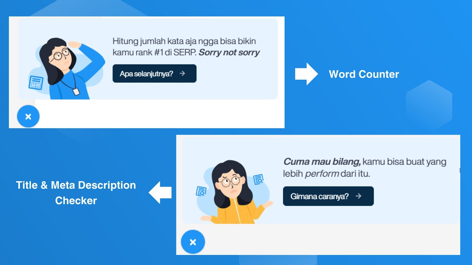 Implementasi Passive Aggresive Copywriting pada halaman tools Word Counter dan Title & Meta Description Checker.