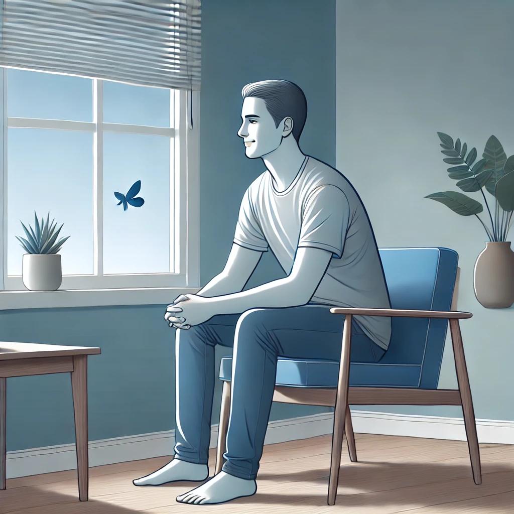 An illustration of a person sitting calmly in a peaceful room.