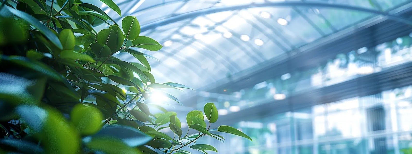 a photo of a modern greenhouse with sleek, transparent plastic roofing sheets allowing natural light to filter through.