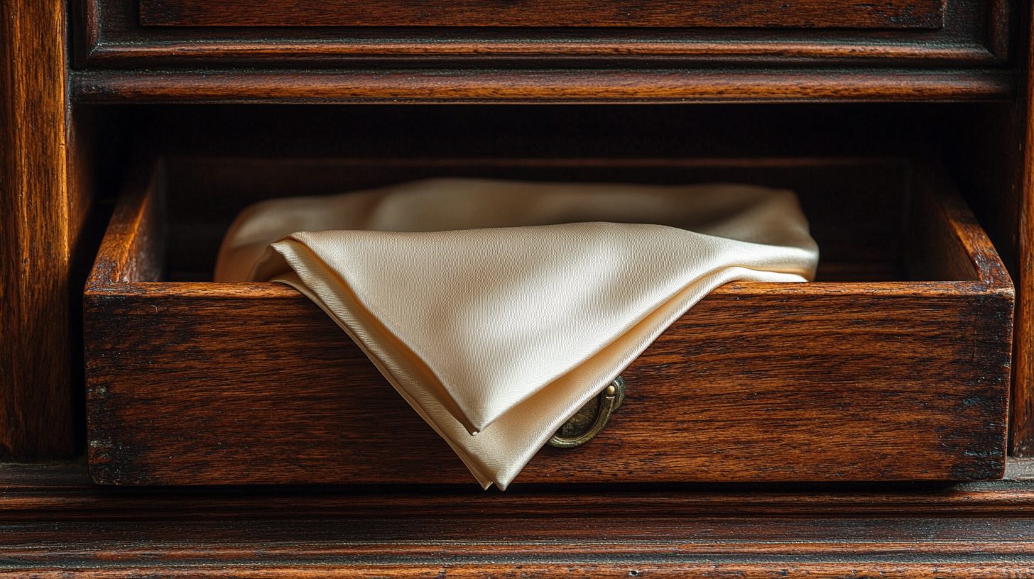 A neatly folded silk pocket square placed inside an open wooden wardrobe. The fabric is smooth and slightly glossy, with delicate folds catching the light. The background is dark wood with soft lighting for a sophisticated, timeless feel.