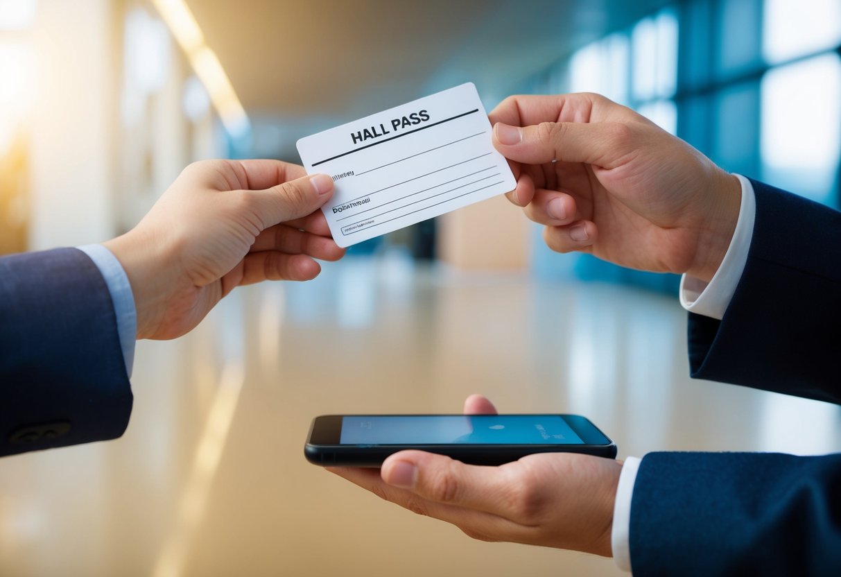 A hand reaches out to hand over a paper hall pass to a digital device