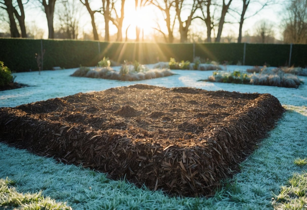 A garden covered in a thick layer of mulch, surrounded by frosty ground and bare trees, with the sun shining down on the protective layer