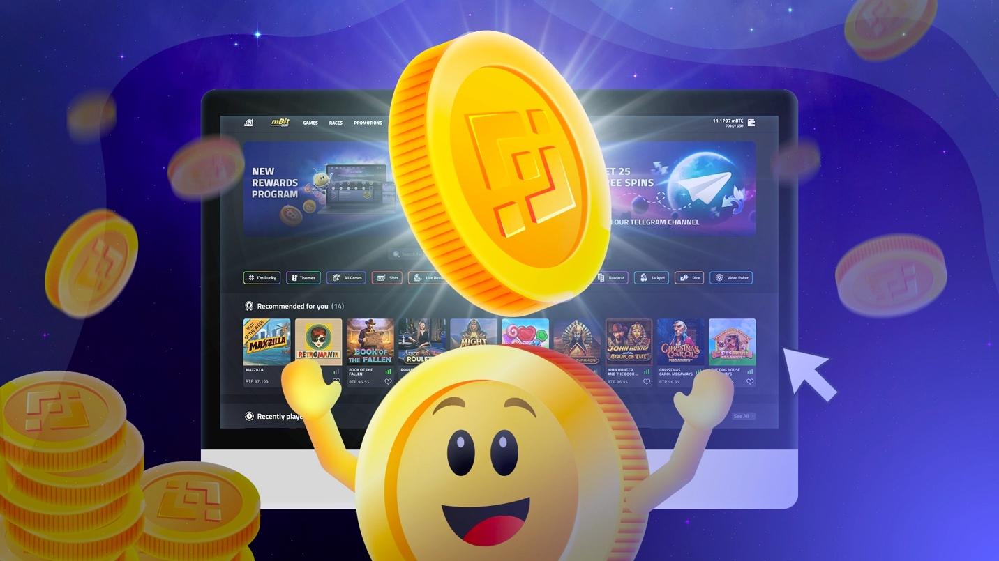 Bitcoin character celebrating in front of a screen showing mBit Casino games and Binance coins.