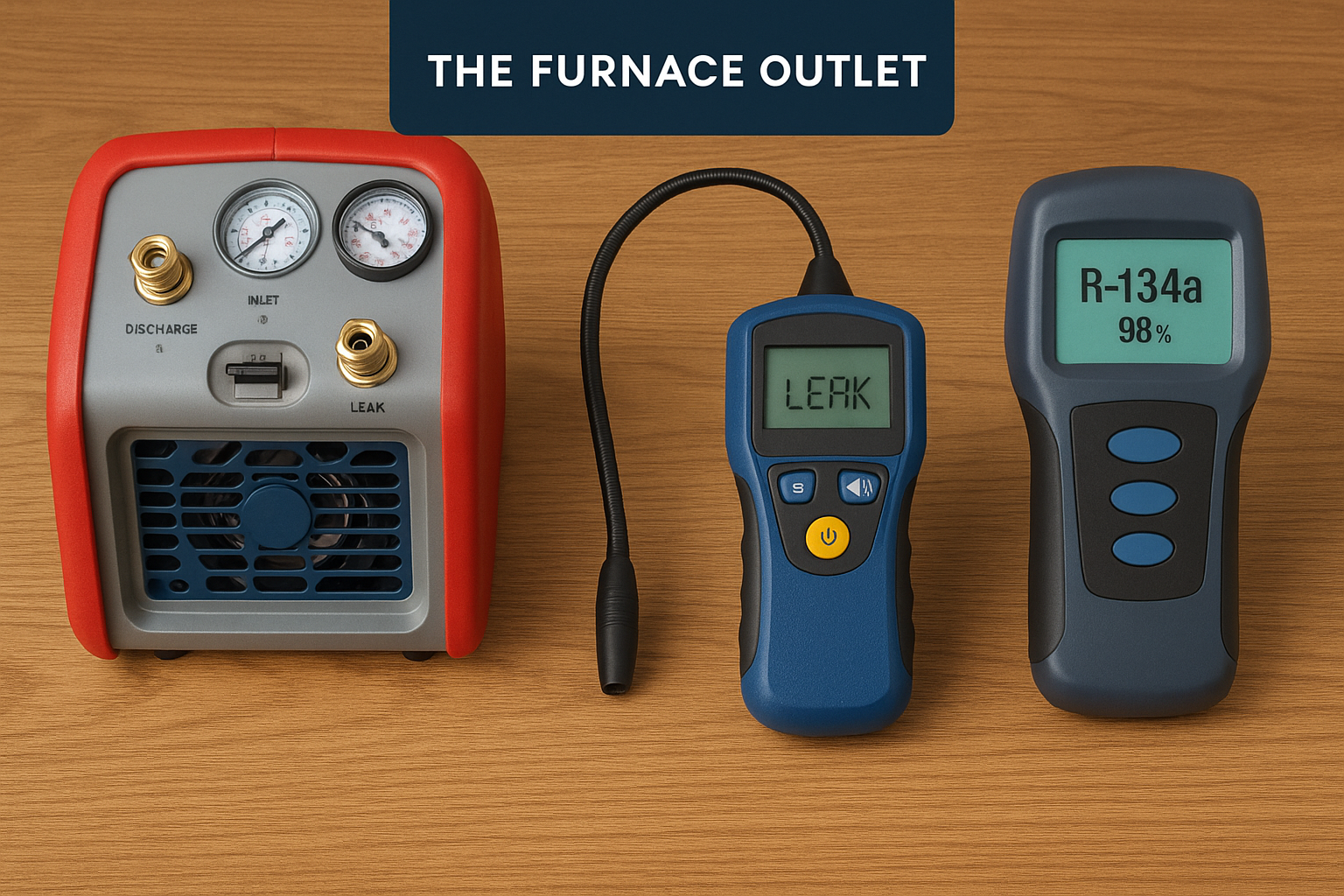 A digital photograph displays three refrigerant management tools on a wooden surface—a red and gray refrigerant recovery unit, a blue leak detector with digital screen, and a gray refrigerant identifier showing “R-134a 98%”—with "The Furnace Outlet" branding at the top.