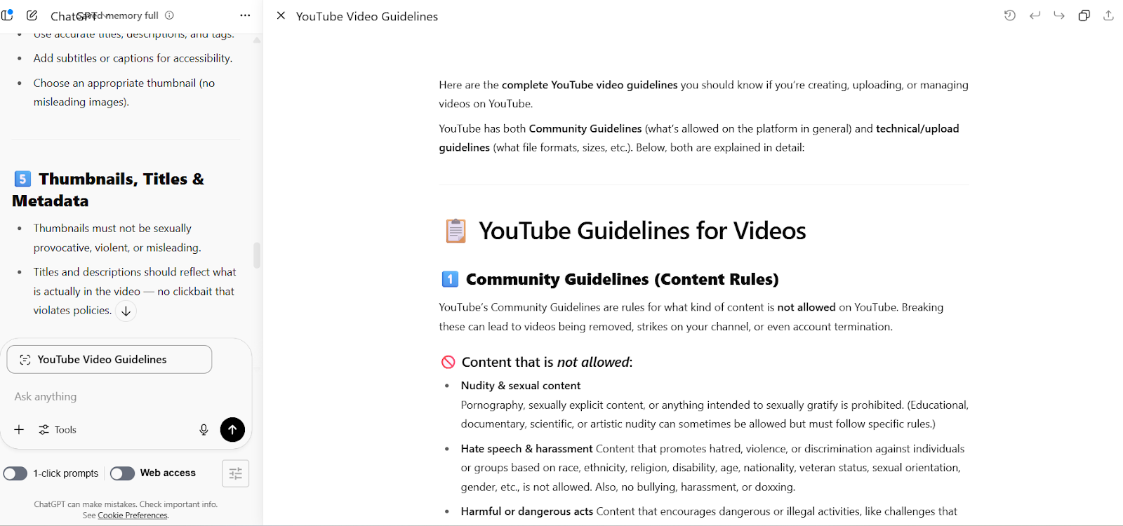 Youtube video guidelines in ChatGPT Canvas
