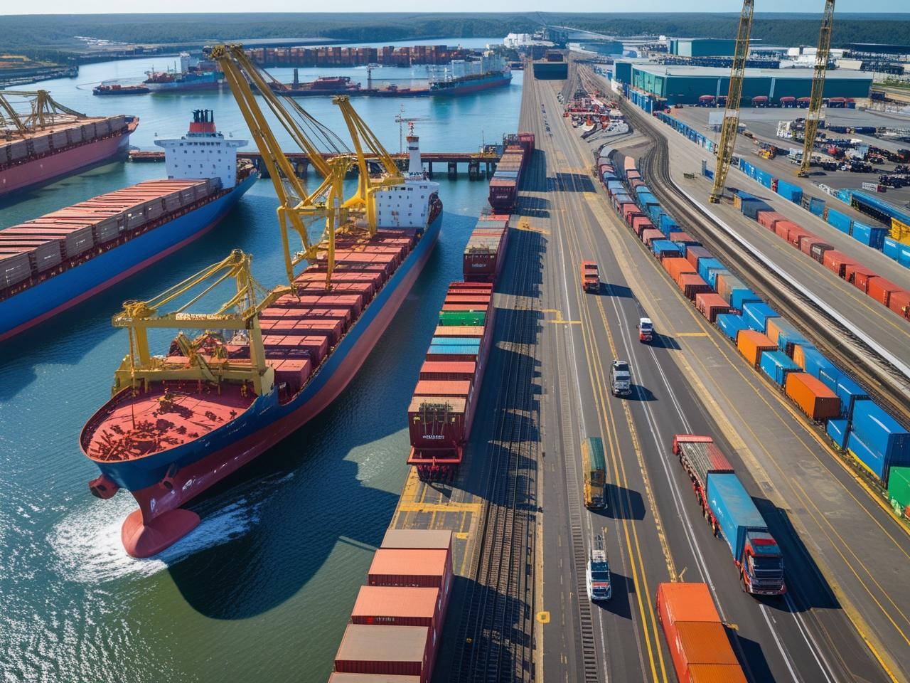 Bulk transport with ships, trains and trucks at logistics hub
