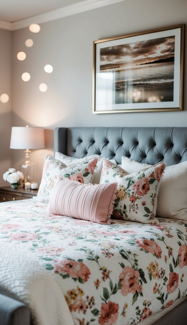 A cozy master bedroom with floral pillow covers on a neatly made bed, soft lighting, and romantic decor accents