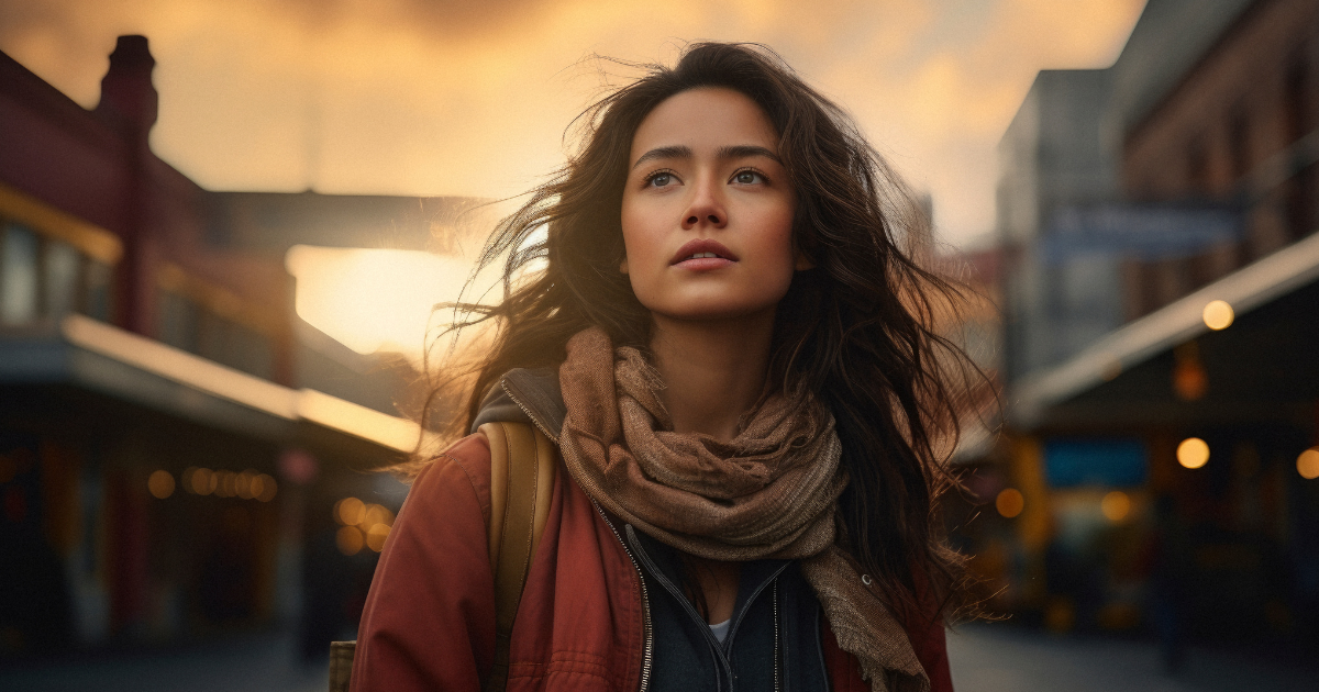 A young woman stands confidently in a city street at sunset, wearing a scarf and backpack, her gaze strong and forward-focused, radiating calm self-assurance. Her expression reflects the quiet power that comes from knowing how to protect her peace.
