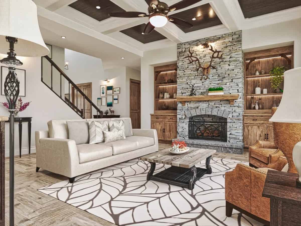 Leather seats and wooden built-ins complete the grand room.