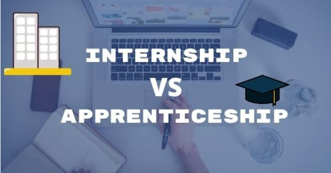 Internship vs Apprenticeship written above a laptop, a notebook and pen in hand, with a blurred blue background