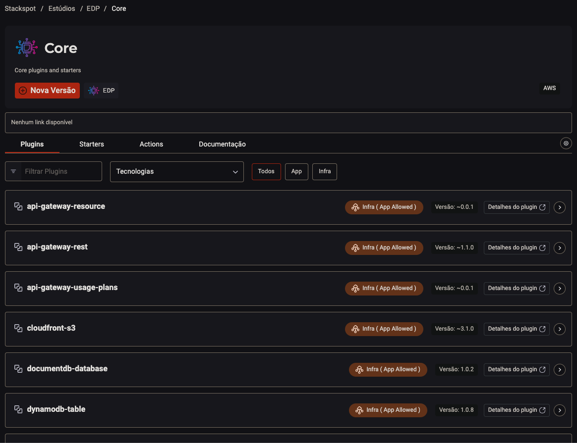 Imagem do conteúdo sobre Plataforma de desenvolvimento, onde há uma tela da Stack Core na plataforma de desenvolvimento. Nela, temos os Plugins listados.