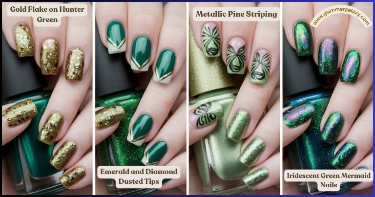 Various nail art designs featuring shades of green with gold accents