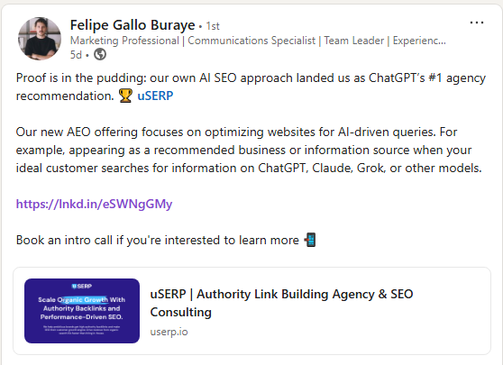 A LinkedIn post by Felipe Gallo, uSERP Director of PR Operations presenting uSERP as ChatGPT's #1 agency recommendation