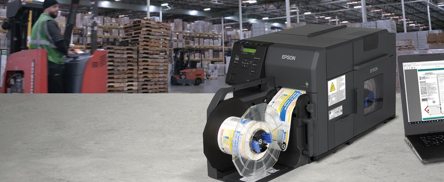 The Epson ColorWorks c7500 label printer in a warehouse environment