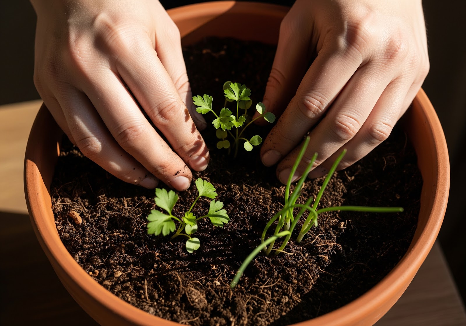 Mãos plantando pequenas mudas de salsinha e cebolinha em um vaso, com um pouco de terra solta ao redor das mudas recém-plantadas.