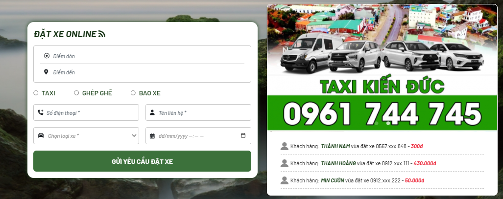 Giao diện trang web chính thức của Taxi Kiến Đức