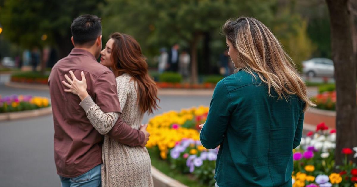 A man and woman embrace in a park, reflecting on the complexities of love and the question: Why do people dream about cheating in relationships?