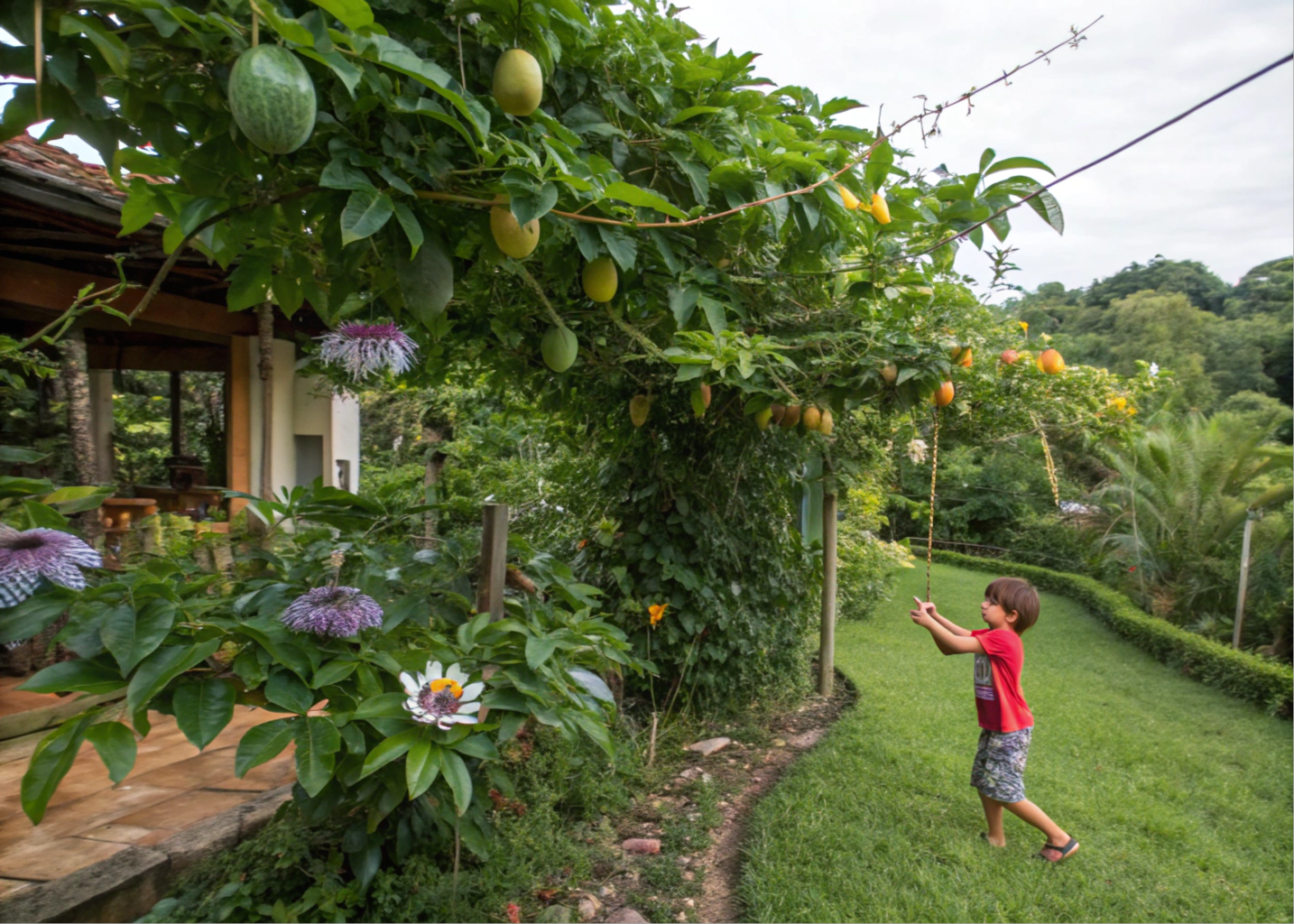 Trepadeira de maracujá com frutos e flores no jardim