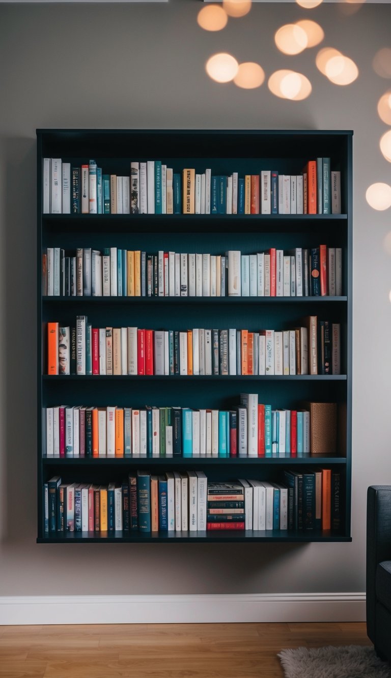 A wall-mounted bookshelf filled with 23 grown woman bedroom ideas