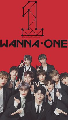 This contains the poster for wanna one with the members showing two fingers up