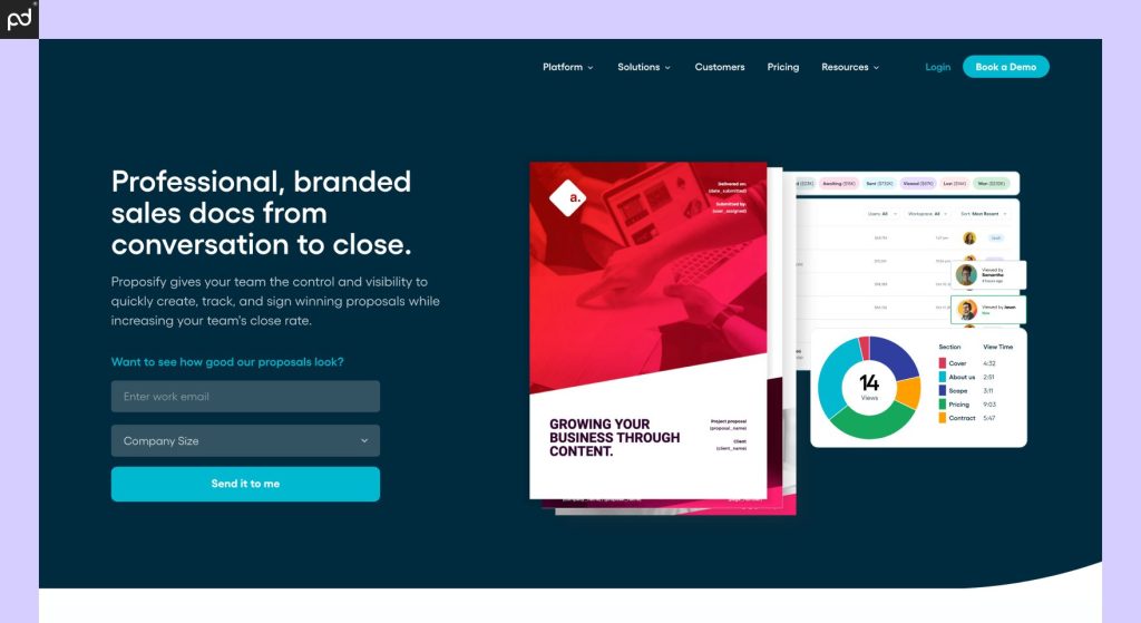 An Image Of The Proposify Homepage, Featuring A Demo Of A Built Proposal Document And A View Of The User Dashboard
