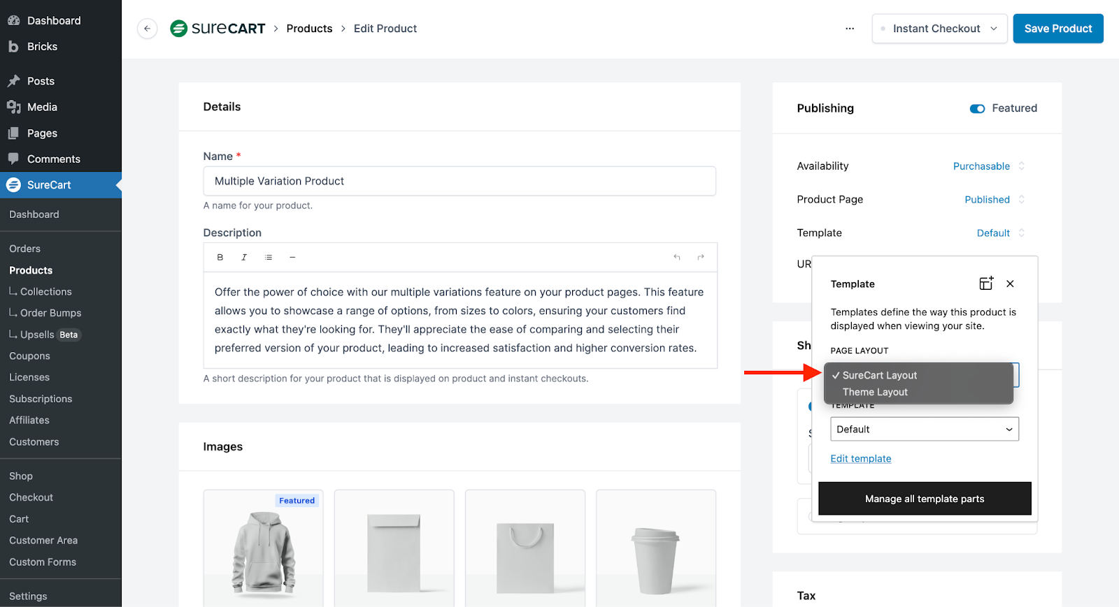 surecart layout is set in individual product template