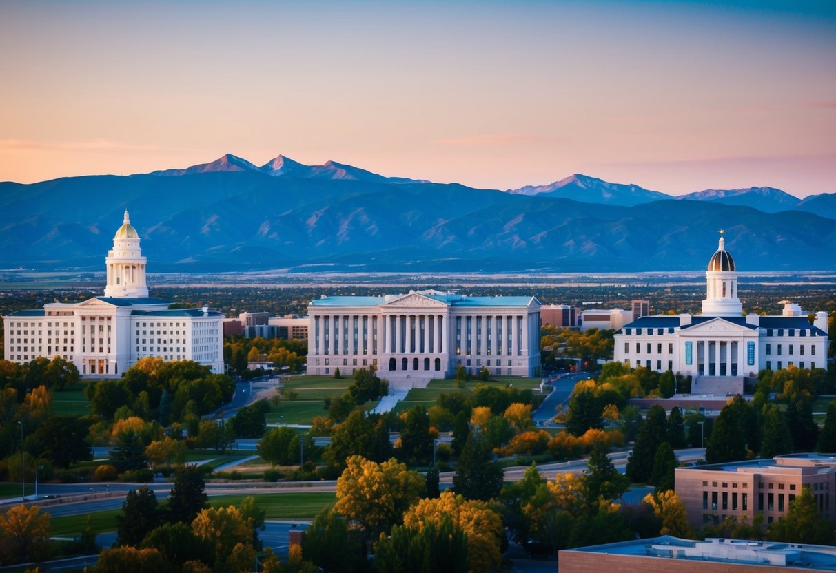 A panoramic view of the Colorado landscape with iconic law school buildings nestled among the mountains