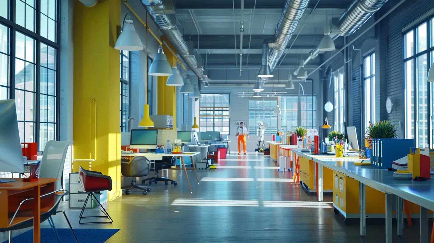 a modern office space featuring vibrant desks organized with cleaning supplies and collaborative cleaning stations, highlighting employees actively engaging in maintaining a tidy work environment, emphasizing accountability and productivity.