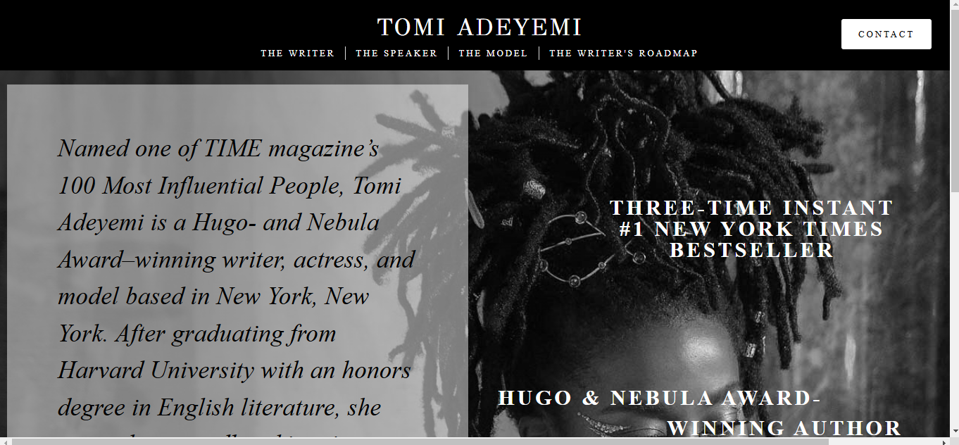 a screenshot of www.tomiadeyemi.com a one-page author website