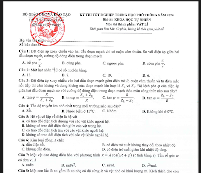 Đề thi minh hoạ thi tốt nghiệp THPT môn vật lý của Bộ GDĐT năm 2024 - blog góc vật lí