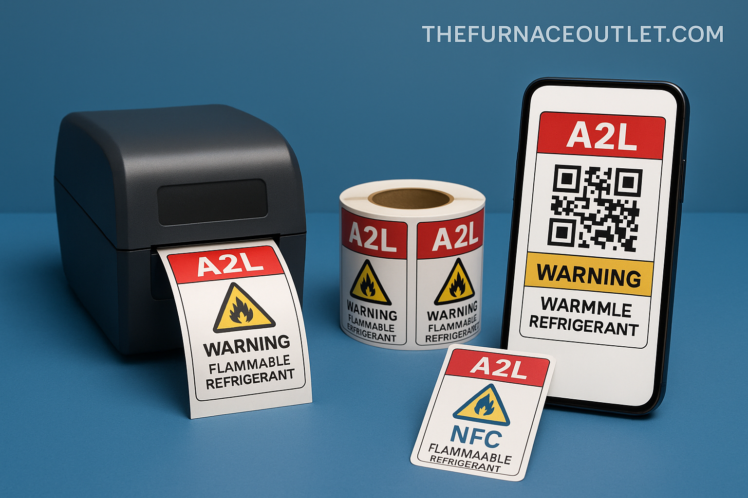 Smart label prototype featuring a QR code and NFC chip linking to real-time refrigerant data and service history.