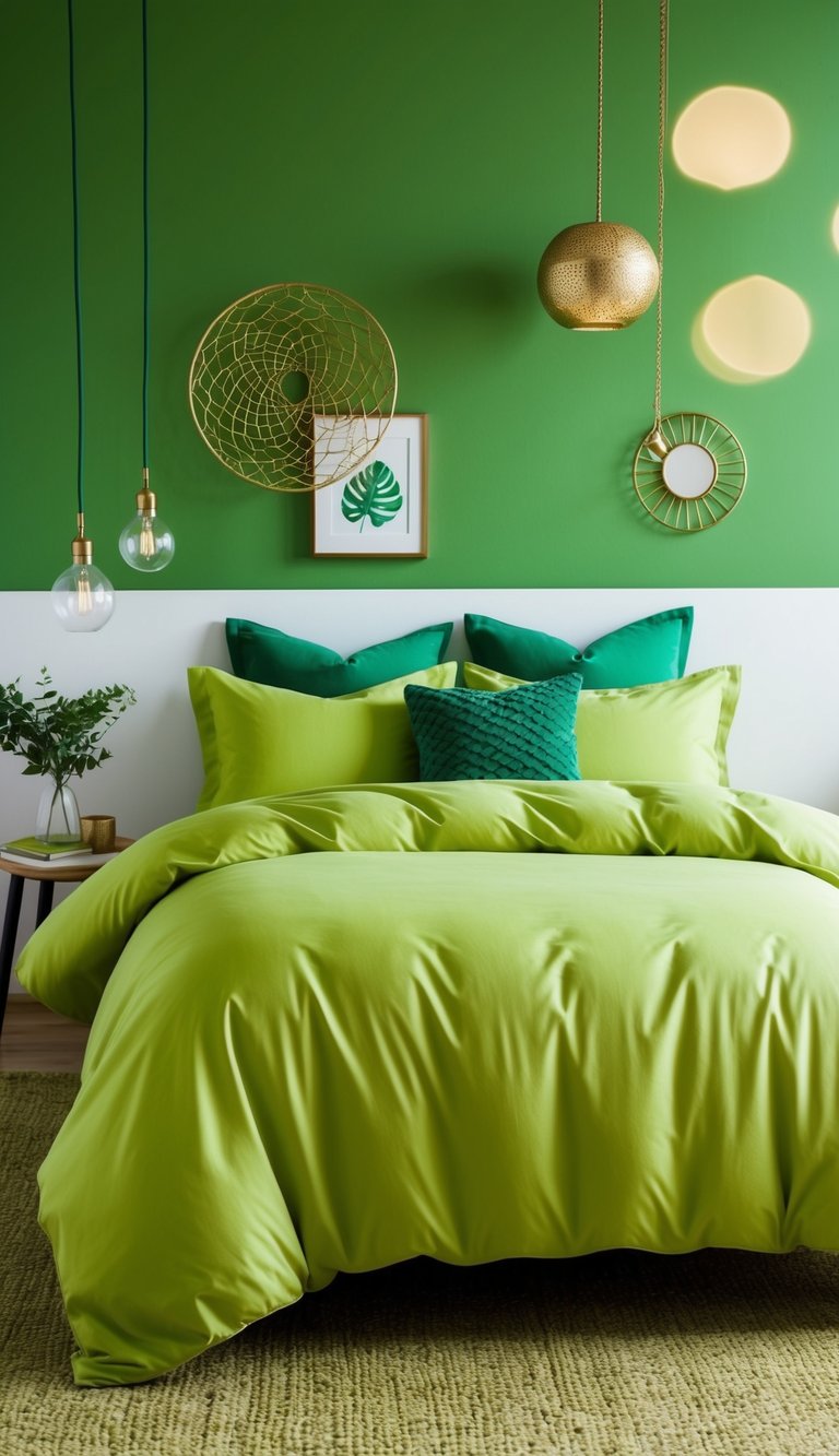 A lime green duvet cover adorns a cozy bed in a vibrant green bedroom with 23 inspiring decor ideas