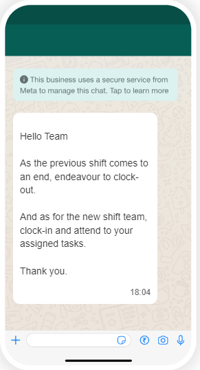 A Communication with Staff message on WhatsApp from a hotel management.