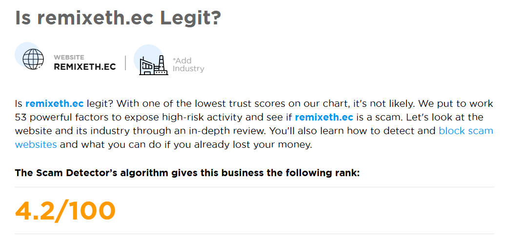 Remixeth.ec trust score rated 4.2 out of 100. 