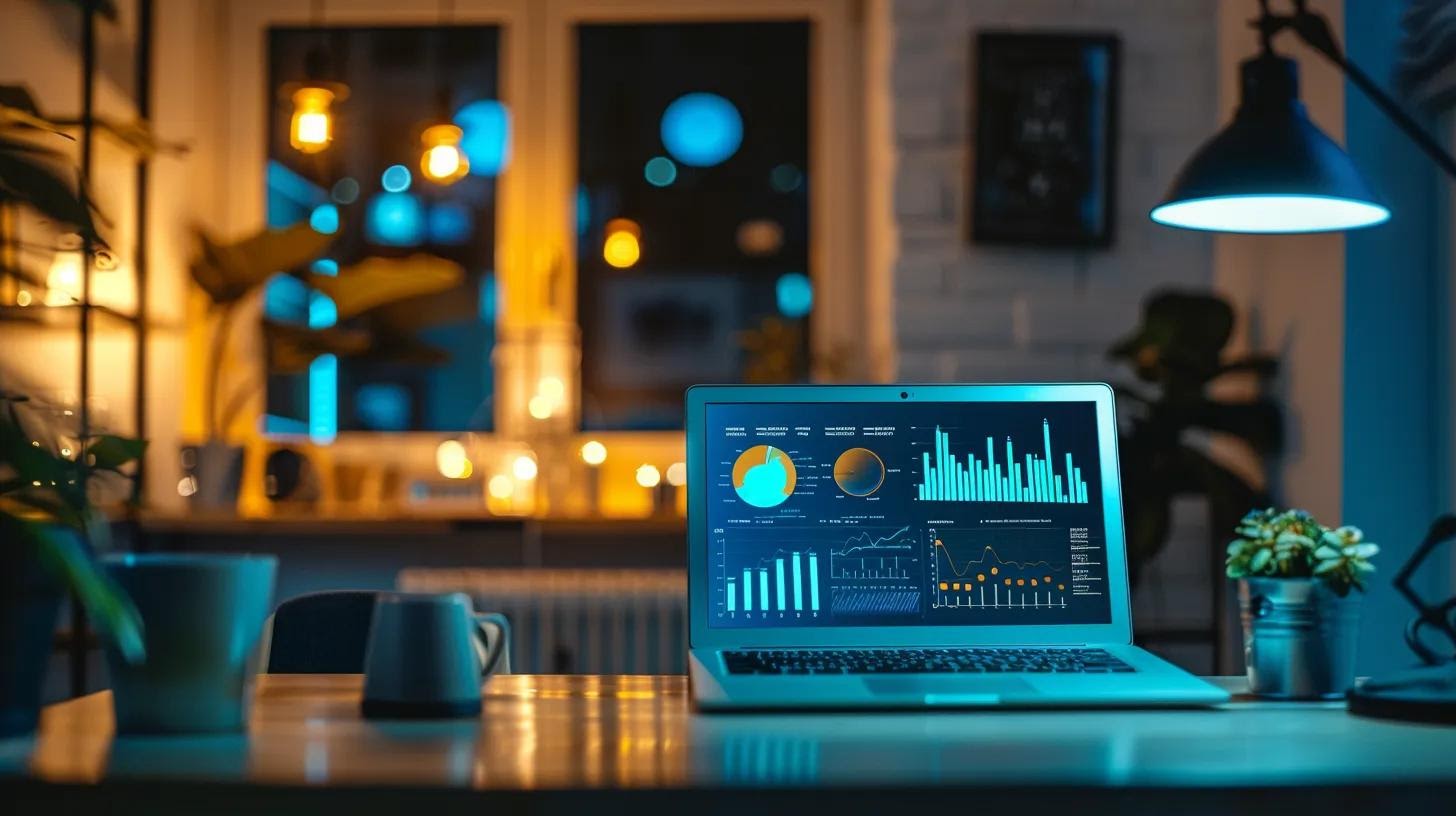 a modern office workspace features a sleek laptop displaying a colourful infographic on cms options for small businesses, illuminated by warm indoor lighting and surrounded by minimalist décor for a professional yet inviting atmosphere.