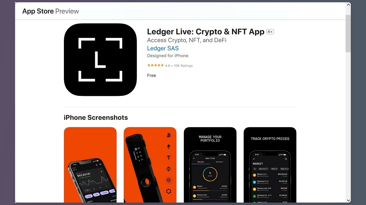 Ledger Live uygulaması Apple App Store'da mevcuttur.