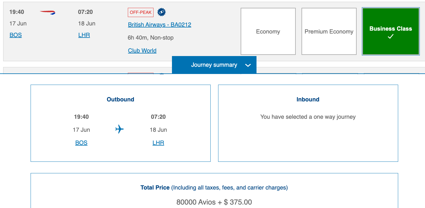 business class BOS to LHR on British Airways