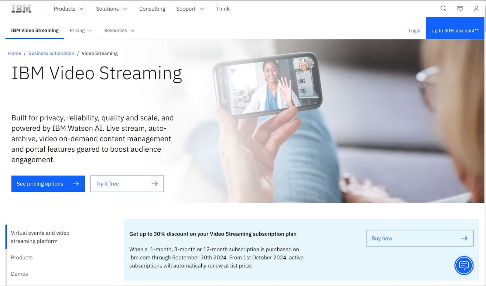 Screenshot of IBM Video Streaming website