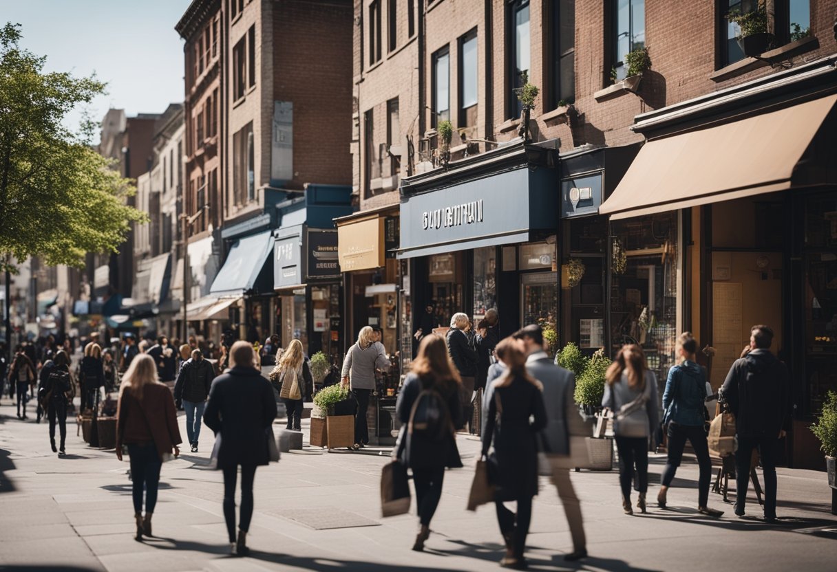 A bustling city street with various service-based businesses, each with their own unique storefront and signage, while people walk by and interact with the businesses