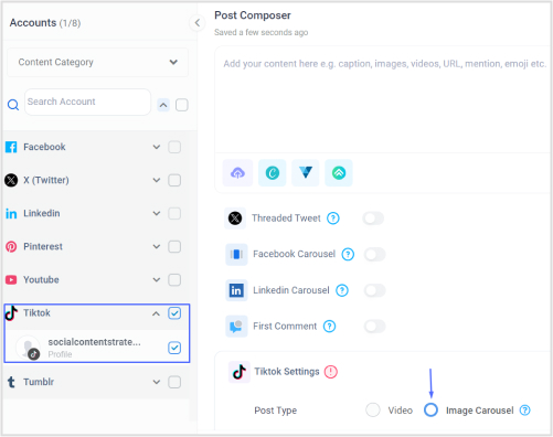 Select your connected TikTok account and choose image carousel