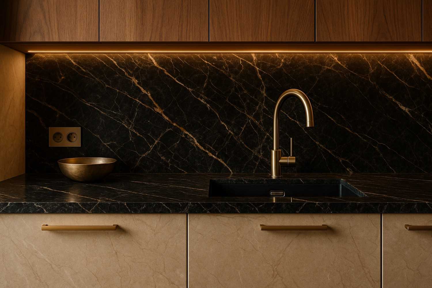 Premium natural materials in Vastu-compliant modular kitchen featuring quartz countertops and wooden cabinetry