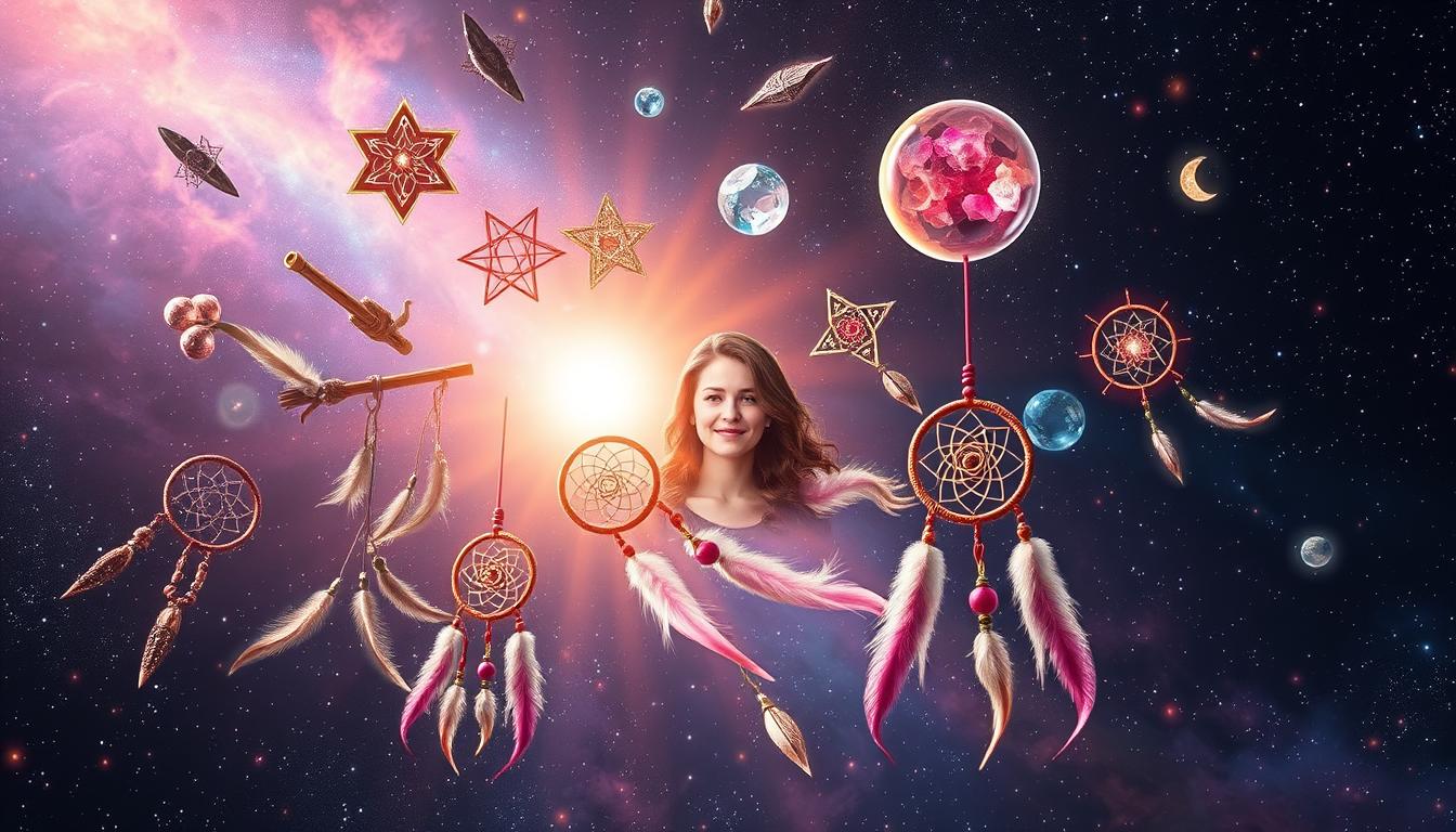 An image of various manifestation tools floating in a cosmic space. Incorporate the idea of energy and vibrancy, with bright colors radiating from each tool. Use symbolism to represent the power of manifestation, such as a crystal ball, a magic wand, or a vision board. Include dreamcatchers to symbolize the importance of catching and holding onto your desires. Add a personal touch by including a photo of yourself among the items, representing your role as the creator and manifestor of your dreams.